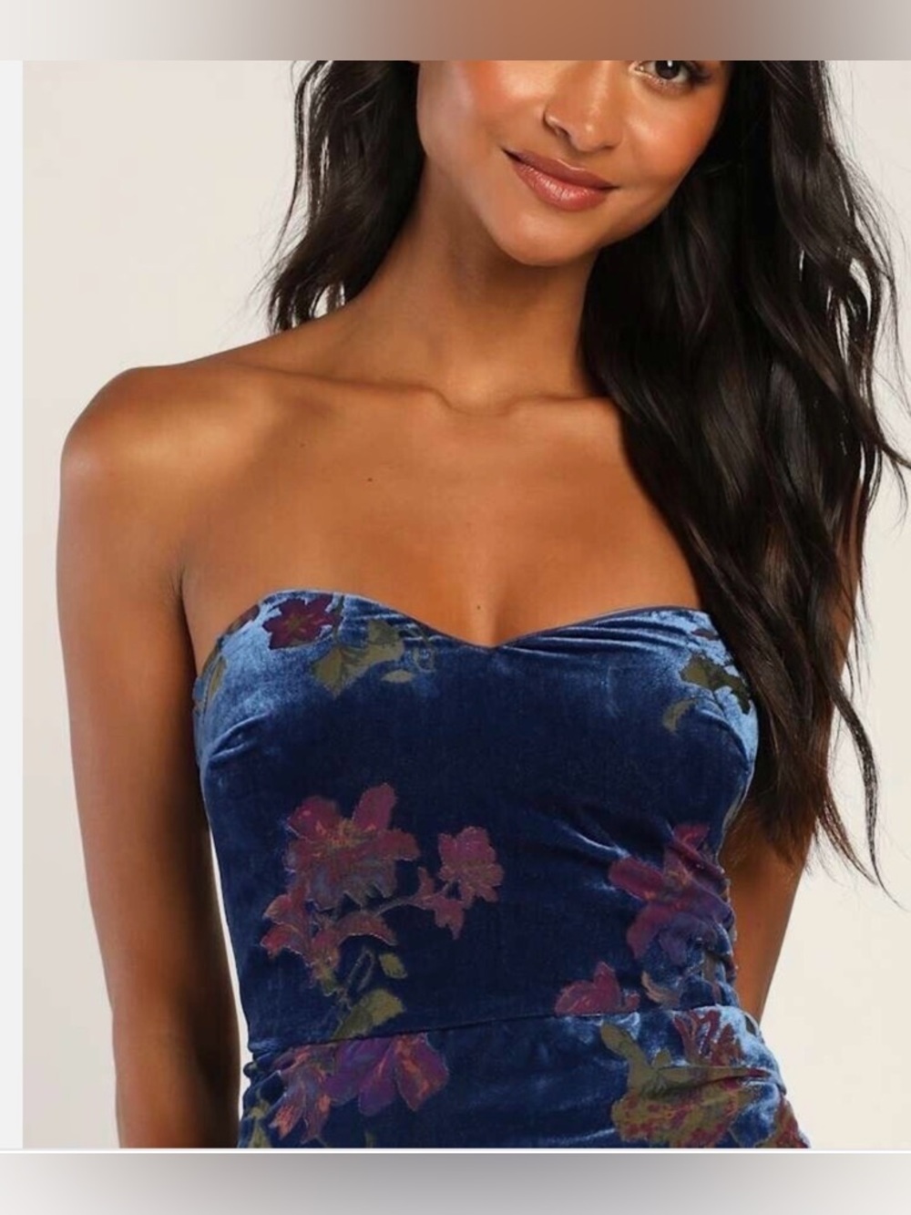 Lulu's Exquisite Blue Floral Burnout Velvet Strapless Maxi Dress M NWT NightOut - Picture 3 of 15